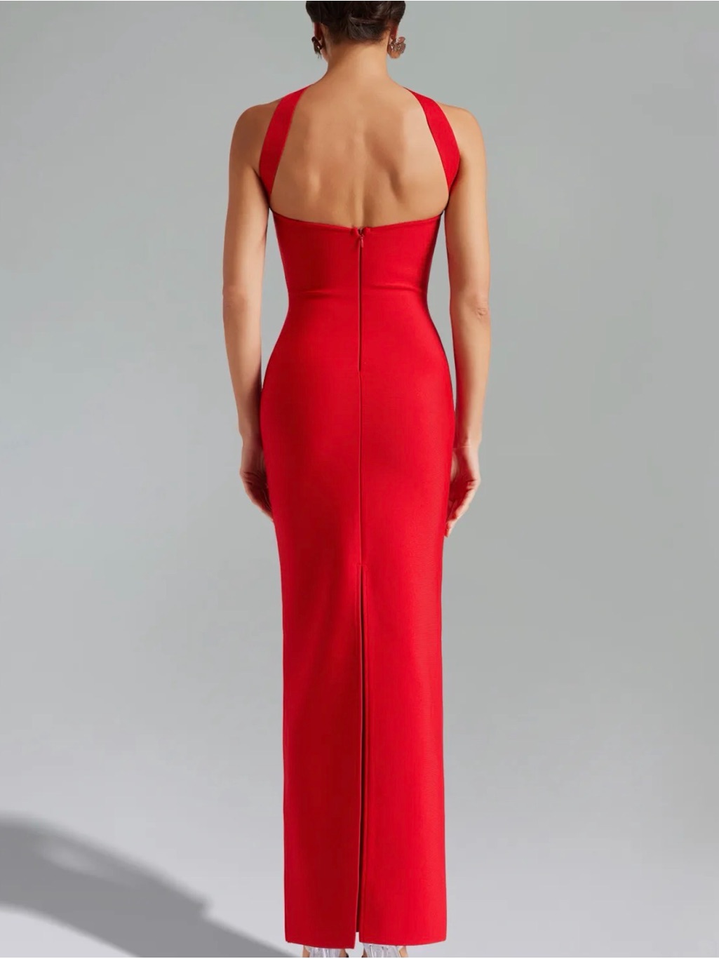 Red Square-Neck Bodycon Evening Dress